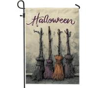 Bandiera da giardino con manici di scopa di Halloween, striscione multicolore per esterni, bandiera da giardino in iuta su entrambi i lati, decorazione stagionale per prato 30,5 x 45,7 cm