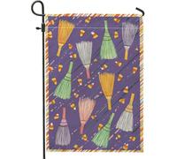 Bandiera da giardino con manico di scopa di Halloween, bandiera viola caramella mais decorazione per esterni, bandiera a doppia faccia in iuta decorazione stagionale per prato 30,5 x 45,7 cm