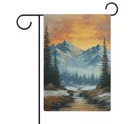 Bandiera da giardino con montagne e foreste con tramonto per vacanze stagionali in tela da imballaggio su entrambi i lati, 30,5 x 45,7 cm