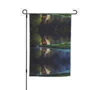 Bandiera da giardino con motivo chalet in riva al lago, 45 x 30 cm, perfetta per vacanze al mare e decorazioni per feste all'aperto