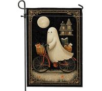 Bandiera da giardino con motivo fantasma di Halloween, striscione nero spettrale decorativo, in iuta su entrambi i lati, decorazione per il prato all'aperto, accenti autunnali stagionali per la casa