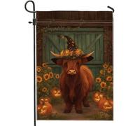 Bandiera da giardino con mucca autunnale, cappello da strega floreale arancione, striscione decorativo per la casa, bandiera da cortile in iuta su entrambi i lati, decorazione per Halloween, per