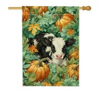 Bandiera da giardino con mucca autunnale, vitello bianco nero con zucca e foglie, striscione decorativo per la casa, bandiera da cortile in iuta su entrambi i lati, decorazione autunnale per esterni