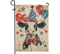 Bandiera da giardino con mucca celebrativa, palloncini a stella rossa e blu, decorazione per la casa festiva, striscione per esterni, bandiera da giardino in iuta su entrambi i lati, decorazione per
