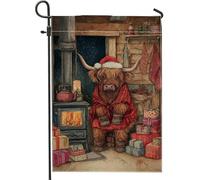 Bandiera da giardino con mucca delle Highland, cappello di Babbo Natale rustico rosso coperta natalizia rossa su entrambi i lati, bandiere decorative per esterni, patio, prato, portico anteriore