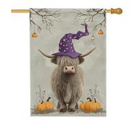 Bandiera da giardino con mucca delle Highland di Halloween, bandiera da giardino con cappello da strega viola, striscione da cortile in iuta su entrambi i lati, decorazione per la casa all'aperto