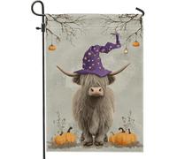 Bandiera da giardino con mucca delle Highland di Halloween, bandiera viola con cappello da strega e zucca, decorazione per esterni su entrambi i lati, decorazione per la casa autunnale stagionale 30,5
