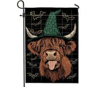 Bandiera da giardino con mucca delle Highland di Halloween, cappello di zucca nera, striscione decorativo per la casa, bandiera da giardino in iuta su entrambi i lati, decorazione per esterni, 30,5 x