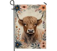 Bandiera da giardino con mucca delle Highland, fiori rustici margherite primaverili marroni in iuta su entrambi i lati, bandiere decorative per esterni, patio, prato, portico, ingresso, campeggio