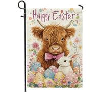 Bandiera da giardino con mucca delle Highland Happy Eastland, uova colorate, decorazione per la casa o per cortile, bandiera su entrambi i lati, decorazione per prato all'aperto, 30,5 x 45,7 cm