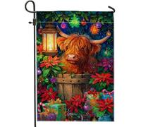 Bandiera da giardino con mucca delle Highland, lanterna natalizia a forma di stella di Natale, in iuta rossa, su entrambi i lati, piccola bandiera da giardino per esterni, patio, prato, portico