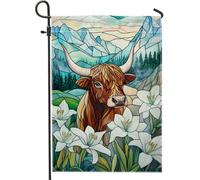Bandiera da giardino con mucca delle Highland, opera d'arte colorata con mucca, decorazione per esterni primaverile ed estate, bandiera floreale su entrambi i lati, per decorazione del prato, 30,5 x