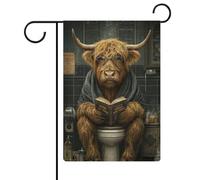 Bandiera da giardino con mucca delle Highland seduta su un gabinetto bandiera stagionale in iuta double face bandiere esterne 30,5 x 45,7 cm