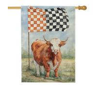 Bandiera da giardino con mucca delle Highland, striscione a scacchi arancione e nero, decorazione stagionale per esterni, bandiera da prato su entrambi i lati, per decorazione primaverile ed estate