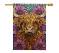 Bandiera da giardino con mucca delle Highland, striscione floreale arancione per prato estivo all'aperto, decorazione artistica su entrambi i lati, 71 x 101 cm