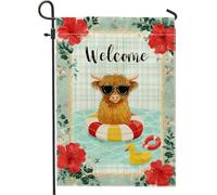 Bandiera da giardino con mucca delle Highlands, decorazione floreale estiva per esterni, striscione con ibisco rosso vivace, bandiera a doppia faccia in stile naturale per decorazione del prato 30,5 x