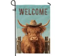 Bandiera da giardino con mucca delle Highlands, decorazione per esterni con animali della fattoria marrone, striscione in iuta su entrambi i lati per la decorazione del prato primaverile estivo 30,5 x