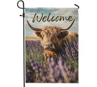 Bandiera da giardino con mucca delle Highlands, decorazione per esterni con campo di lavanda, in stile fattoria primaverile ed estate, striscione su entrambi i lati, perfetto per la decorazione della
