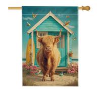 Bandiera da giardino con mucca delle Highlands primaverili ed estive, striscione decorativo per la casa costiera con bestiame arancione, bandiera da cortile in iuta su entrambi i lati, decorazione per