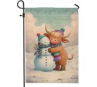 Bandiera da giardino con mucca delle Highlands, sciarpa invernale con pupazzo di neve, sciarpa invernale in iuta azzurra su entrambi i lati, bandiere decorative per esterni, portico, prato, patio