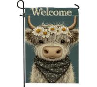 Bandiera da giardino con mucca di benvenuto, striscione decorativo floreale grigio per la casa, decorazione per prato esterno in iuta su entrambi i lati, bandiera rustica per cortile primaverile
