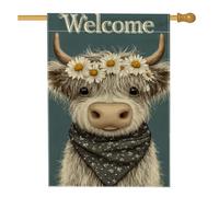 Bandiera da giardino con mucca di benvenuto, striscione decorativo floreale grigio per la casa, decorazione per prato esterno in iuta su entrambi i lati, bandiera rustica per cortile primaverile