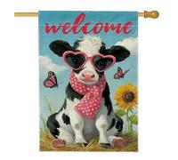Bandiera da giardino con mucca di benvenuto, vitello nero bianco con occhiali da sole e girasole, decorazione per prato all'aperto in iuta su entrambi i lati, per feste primaverili ed estive, 71 x 101