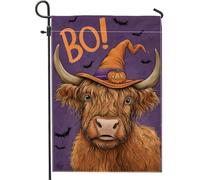 Bandiera da giardino con mucca di Halloween, cappello di zucca viola, striscione decorativo per la casa, bandiera su entrambi i lati in iuta da cortile per feste all'aperto decorazione per prato 30,5