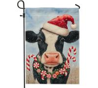 Bandiera da giardino con mucca di Natale, decorazione natalizia bianca e nera con bastoncini di zucchero, striscione in iuta su entrambi i lati per decorazione esterna del prato 30,5 x 45,7 cm