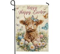 Bandiera da giardino con mucca di Pasqua felice, vitello marrone floreale farfalla decorazione da cortile, decorazione da giardino a due lati in iuta primaverile per esterni 30,5 x 45,7 cm