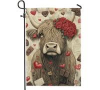 Bandiera da giardino con mucca di San Valentino, romantico bestiame marrone delle Highland con rose, bandiera da cortile su entrambi i lati per decorazione primaverile all'aperto 30,5 x 45,7 cm