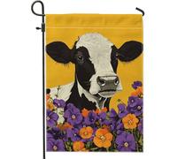 Bandiera da giardino con mucca e fiori, mucca gialla con viole del pensiero, decorazione per esterni, bandiera in iuta su entrambi i lati per primavera estate decorazione stagionale prato 30,5 x 45,7