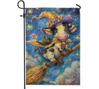 Bandiera da giardino con mucca e gatto di Halloween, cappello da strega viola, bandiera decorativa per la casa, bandiera da cortile in iuta su entrambi i lati per autunno decorazione per prato