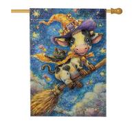 Bandiera da giardino con mucca e gatto di Halloween, cappello da strega viola, bandiera decorativa per la casa, bandiera da cortile in iuta su entrambi i lati per autunno decorazione per prato