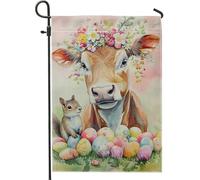 Bandiera da giardino con mucca e scoiattolo, uova colorate, decorazione floreale per la casa, bandiere da giardino, decorazione per prato esterno su entrambi i lati, 30,5 x 45,7 cm