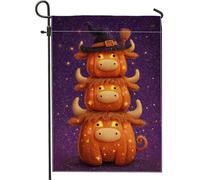 Bandiera da giardino con mucca fantasiosa di Halloween, adorabili mucche arancioni con cappello, decorazione per esterni, striscione su entrambi i lati per prato in iuta per la decorazione autunnale
