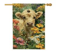 Bandiera da giardino con mucca floreale primaverile, giallo grazioso vitello con fiori per la decorazione della casa, bandiera in iuta su entrambi i lati, decorazione per prato all'aperto, 71 x 101 cm