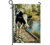 Bandiera da giardino con mucca, margherite rustiche di campagna betulla albero di betulla verde estivo su entrambi i lati, bandiere decorative per esterni, patio, prato, portico anteriore, balcone