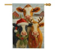 Bandiera da giardino con mucca per vacanze invernali, mucche bianche con cappelli di Babbo Natale e sciarpe, decorazione per esterni, striscione in iuta su entrambi i lati, per decorazione natalizia