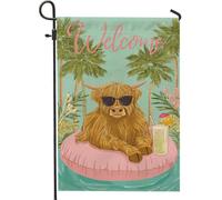 Bandiera da giardino con mucca tropicale, striscione decorativo estivo con bestiame delle Highlands marroni, bandiera floreale su entrambi i lati, decorazione per la casa, cartello di benvenuto in