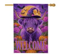Bandiera da giardino con mucca viola di Halloween, striscione di benvenuto con pipistrello spettrale e zucca, in iuta su entrambi i lati, decorazione esterna per feste autunnali 71 x 101 cm