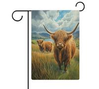 Bandiera da giardino con mucche delle Highland in campo con corna lunghe bandiere da giardino per vacanze stagionali in iuta su entrambi i lati, 32 x 47 cm