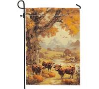 Bandiera da giardino con mucche raccolte autunnali, rustica marrone, bestiame delle Highland con zucche, decorazione per esterni, bandiera autunnale su entrambi i lati, decorazione stagionale per la