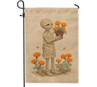Bandiera da giardino con mummia di Halloween, fiori di calendula arancione, striscione decorativo per la casa, bandiera da giardino in iuta su entrambi i lati, decorazione per esterni, 30,5 x 45,7 cm