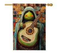 Bandiera da giardino con musicista fantasioso, decorazione per chitarra verde per feste primaverili all'aperto sul prato, striscione artistico vivace su entrambi i lati, 71 x 101 cm