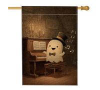 Bandiera da giardino con musicista fantasma di Halloween, marrone carino fantasma che suona il pianoforte, decorazione per esterni, striscione in iuta su entrambi i lati per la decorazione del prato
