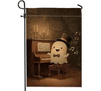 Bandiera da giardino con musicista fantasma di Halloween, marrone carino fantasma che suona il pianoforte, decorazione per esterni, striscione in iuta su entrambi i lati per la decorazione del prato