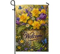 Bandiera da giardino con narcisi, fiori primaverili con tulipani con farfalla gialla primaverile su entrambi i lati, bandiere decorative per esterni, patio, prato, portico, ingresso campeggio, 30,5 x