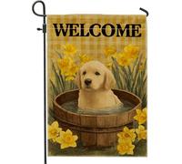 Bandiera da giardino con narcisi gialli primaverili ed estivi, adorabile cane in secchio d'acqua, decorazione per esterni, striscione per cortile, decorazione su entrambi i lati, 30,5 x 45,7 cm