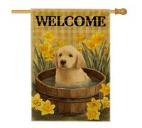 Bandiera da giardino con narcisi gialli primaverili ed estivi, adorabile cane in secchio d'acqua, decorazione per esterni, striscione da cortile, decorazione per prato su entrambi i lati, 71 x 101 cm